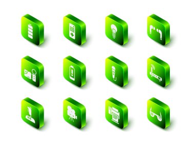 Uzaktan kumandalı ampulü Air kulaklıklar Router ve wi-fi sinyali kavramı ile ayarla Akıllı gözlüklü mikrofon yazıcısı ve Retro sinema kamerası ikonu. Vektör.