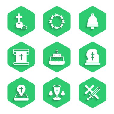 Nuh 'un Sandığı Hıristiyan Kadehi Haçlı Seferi Mezarlığı' nı mezar taşlı kiliseyle kilisenin bayrak kilisesi çanı ve simgesini inşa etmeye ayarlayın. Vektör.