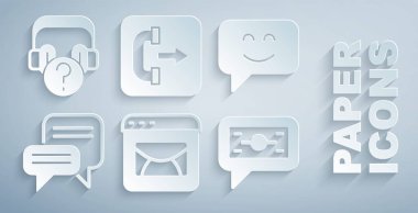 E- posta ve e-posta ayarla Gülen surat konuşma balonu sohbet kağıtları para gidiş arama telefonu ve soru simgesi ile kulaklık. Vektör.