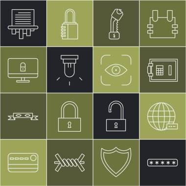 Set line Password protection Social network Safe Police electric shocker Motion sensor Lock computer monitor Paper shredder and Eye scan icon. Vector.