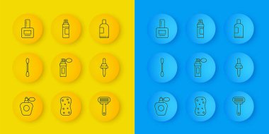 Kulaklar için parfüm pamuğundan örnek al tıraş makinesi jileti tırnak cilası şişesi şampuan ve ikon. Vektör.