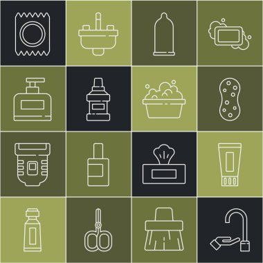 Diş macunu tüpü, sünger, ağız gargarası şişe şampuanı, güvenli seks ve havza köpüğü ikonu ile ellerini yıkamayı ayarla. Vektör.