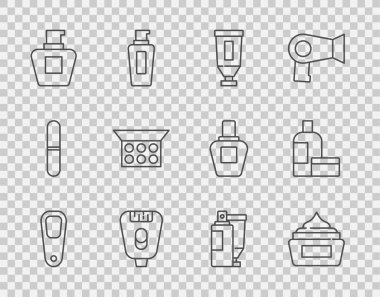 Ayak kremi kremi kozmetik tüp Epilatör makyaj tozu için ayna ve ikon ile şerit oluşturun. Vektör.