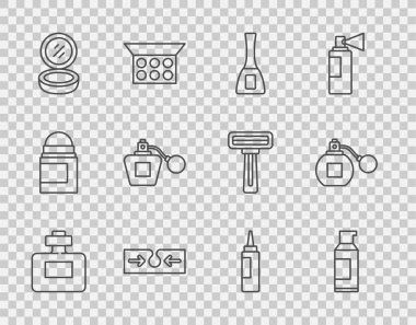 Saç spreyi spreyi spreyi şişesi için parfüm spreyi kutusu, aynalı krem losyon kozmetik tüpü ve ikon ile akne makyaj tozu ayarla. Vektör.