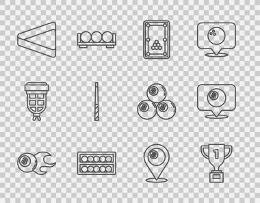 Bilardo topu ödül masası toplarını bilardo ve ikonlu üçgen konuma getir. Vektör.