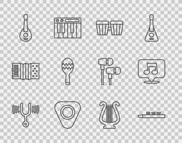 Set Line Musical Tuning Fork Drum Drum Sticks Guitar Pick — Stock Vector