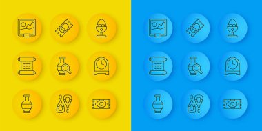 Antik Amforae Papyrus parşömeni klasik halı antika saat resmi tavuklu yumurta standı ve sinema bileti ikonu. Vektör.