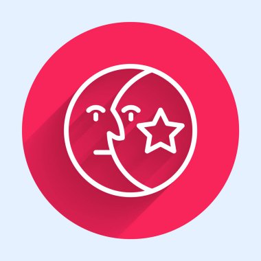 Beyaz çizgi Ay ve yıldız ikonu uzun gölgeli izole edilmiş. Kırmızı daire düğmesi. Vektör.