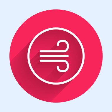 Beyaz çizgi Windy hava durumu ikonu uzun gölge arkaplan izole. Bulut ve rüzgar. Kırmızı daire düğmesi. Vektör.