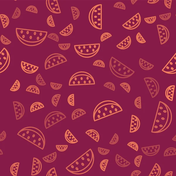 Kahverengi çizgi karpuz simgesi kırmızı arka planda izole edilmiş. Vektör.