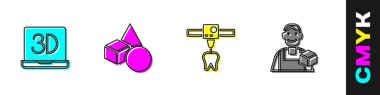 3D yazıcı, temel geometrik şekiller, diş ve grafik tasarımcısı simgesi ayarla. Vektör.