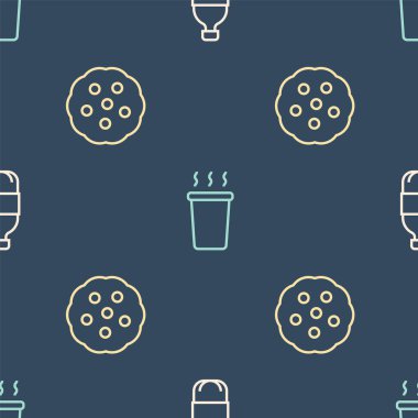 Bir şişe su, kurabiye ya da bisküvi ve kupa çayını pürüzsüz bir şekle sokun. Vektör.