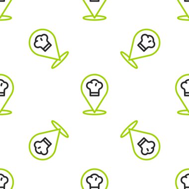 Çizgi Aşçısı şapkası ve konum simgesi beyaz arka planda izole edilmiş kusursuz desen. Aşçılık sembolü. Aşçı şapkası. Vektör.