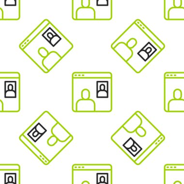 Line Video sohbet konferans simgesi beyaz arkaplanda izole edilmiş kusursuz desen. Ekranda görüntülü sohbet arayüzü olan bilgisayar. Vektör.