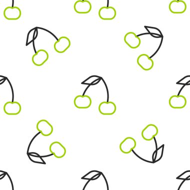 Line Cherry icon isolated seamless pattern on white background. Fruit with leaf symbol. Vector.