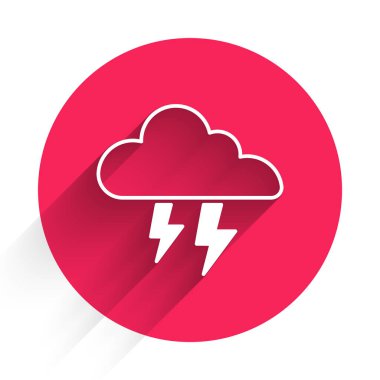 Beyaz Fırtına simgesi uzun gölgelerle izole edilmiş. Bulut ve şimşek işareti. Fırtınanın hava durumu ikonu. Kırmızı daire düğmesi. Vektör.