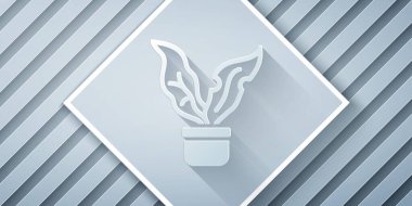 Kağıt kesiği, gri arkaplanda izole edilmiş saksı ikonundaki bitki. Tencerede yetişen bir bitki. Saksı bitkisi işareti. Kağıt sanatı tarzı. Vektör.