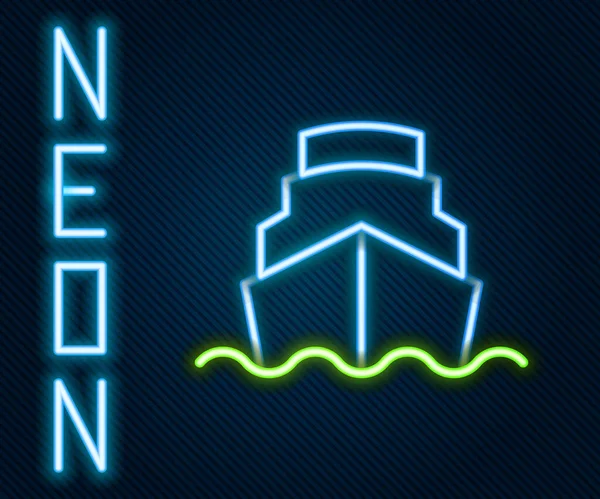 Gloeiende Neon Lijn Cruiseschip Oceaan Pictogram Geïsoleerd Zwarte Achtergrond Wereld — Stockvector