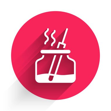 White Aroma diffuser icon isolated with long shadow background. Glass jar different with wooden aroma sticks. Red circle button. Vector.