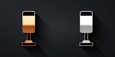 Siyah arkaplanda altın ve gümüş kum torbası simgesi var. Uzun gölge tarzı. Vektör.