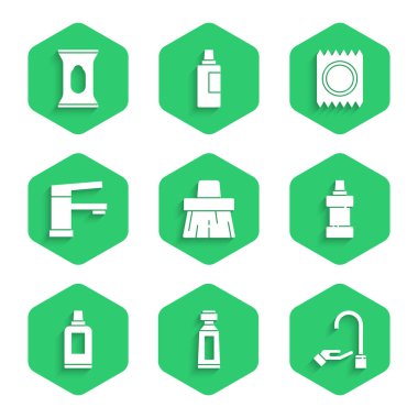 Set Handle broom Tube of toothpaste Washing hands with soap Bottle for cleaning agent Water tap Condom package safe sex and Wet wipe icon. Vector.