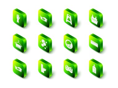 Set Temperature wash Wet floor Basin with shirt Sponge Bottle for cleaning agent Washer and Toilet bowl icon. Vector.