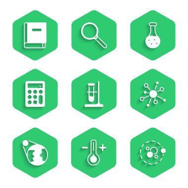 Set Test tube flask on stand Thermometer Atom Molecule Earth globe Calculator and Science book icon. Vector.