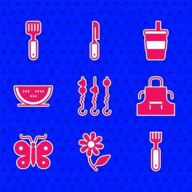 Set Grilled shish kebab on skewer Flower Fork Kitchen apron Butterfly Watermelon Paper glass with water and Spatula icon. Vector.