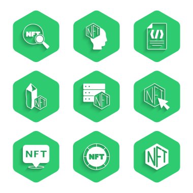 Set NFT blockchain technology Digital crypto art Binary code and Search icon. Vector.