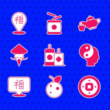 Set Firework Peach fruit nectarine Chinese Yuan currency Yin Yang symbol New Year Asian conical straw hat tea ceremony and icon. Vector.