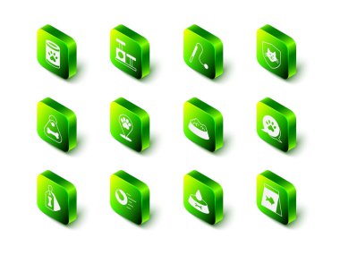 Set Cat scratching post with toy Pet cat Animal health insurance Paw print Food for fish food bowl dog and toys ball icon. Vector.