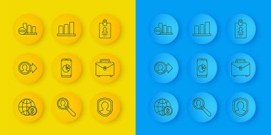 Set line Earth globe with dollar Job promotion Mobile phone graph chart User protection Briefcase Pie infographic Identification badge and icon. Vector.