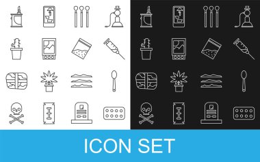 Set line Pills in blister pack Heroin spoon Syringe Matches Open matchbox and matches Cactus peyote pot Electronic cigarette and Plastic bag of drug icon. Vector.