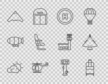 Set line Sun and cloud weather Suitcase Helicopter landing pad Jet fighter Airplane seat Aircraft steering helm and icon. Vector.