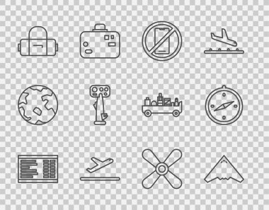 Set line Airport board Jet fighter No cell phone Plane takeoff Suitcase Aircraft steering helm propeller and Compass icon. Vector.