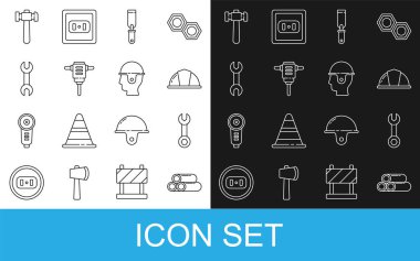 Set line Industry metallic pipe Wrench spanner Worker safety helmet Rasp file Electric rotary hammer drill Hammer and icon. Vector.