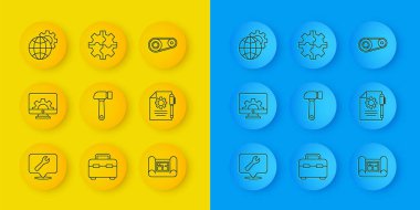 Set line Location with wrench spanner Computer monitor and gear Hammer House plan Document settings pen Globe of the Earth Timing belt kit and Gear icon. Vector.