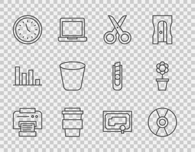 Set line Printer CD or DVD disk Scissors Coffee cup to go Clock Trash can Certificate template and Flower pot icon. Vector.