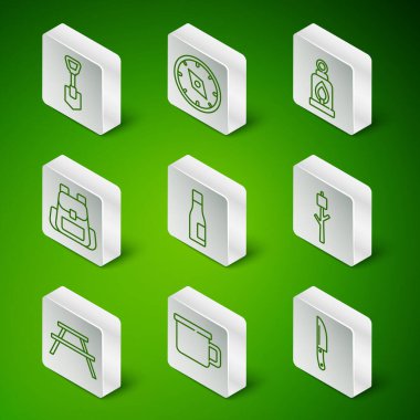 Set line Knife Camping metal mug Shovel Bottle of water Hiking backpack Compass Picnic table with benches and Marshmallow on stick icon. Vector.