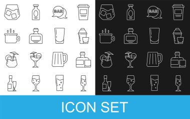 Set line Glass of champagne Whiskey bottle and glass Cocktail shaker Street signboard with Bar Coffee cup whiskey and water icon. Vector.