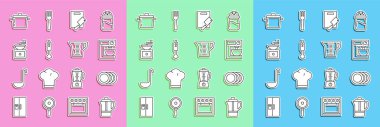 Set line Teapot Plate Electric mixer Cutting board and meat chopper Blender Manual coffee grinder Cooking and Measuring cup icon. Vector.