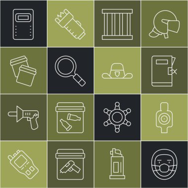 Set line Doctor pathologist Human target sport for shooting Police station folder Prison window Magnifying glass with search Plastic bag ziplock assault shield and Sheriff hat badge icon. Vector.