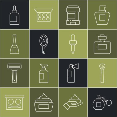 Set line Perfume Makeup brush Antiperspirant deodorant roll Hand mirror Nail polish bottle Cream lotion cosmetic tube and Pipette icon. Vector.