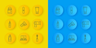 Set line Spray can for hairspray Cream lotion cosmetic tube Mascara brush Hair dryer Antiperspirant deodorant roll and Nail file icon. Vector.