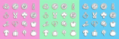 Set line Tomato Apple No pack of milk Gluten free grain Animal cruelty Garlic Leaf or leaves and Broccoli icon. Vector.