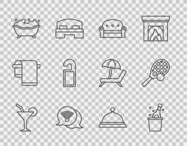 Set line Cocktail Bottle of champagne Sofa Wi-Fi wireless internet Bathtub Please do not disturb Covered with tray food and Tennis racket ball icon. Vector.