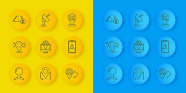 Set line Push pin Map Monitor with map location Location house City navigation Toll road traffic and Radar icon. Vector.