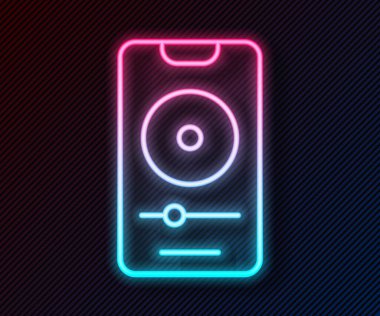 Parlayan neon hattı müzik çalar simgesi siyah arkaplanda izole edildi. Taşınabilir müzik cihazı. Vektör.