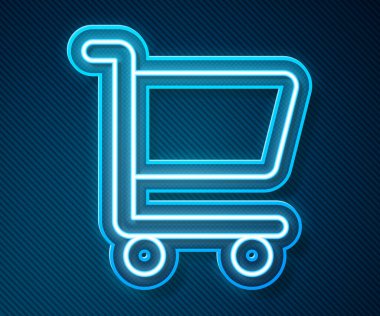 Parlayan neon hattı alışveriş arabası simgesi mavi arka planda izole edildi. İnternetten satın alma konsepti. Servis tabelası. Süpermarket sepeti sembolü. Vektör.
