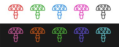Set line Amanita muscaria or fly agaric hallucinogenic toadstool mushroom icon isolated on black and white background. Spotted poisonous mushroom. Vector.